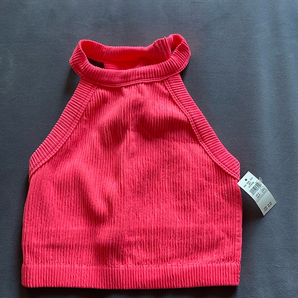 NWT Aerie Superchill Seamless High Neck Bra Top Crop  Tank Top Ribbed Pink S